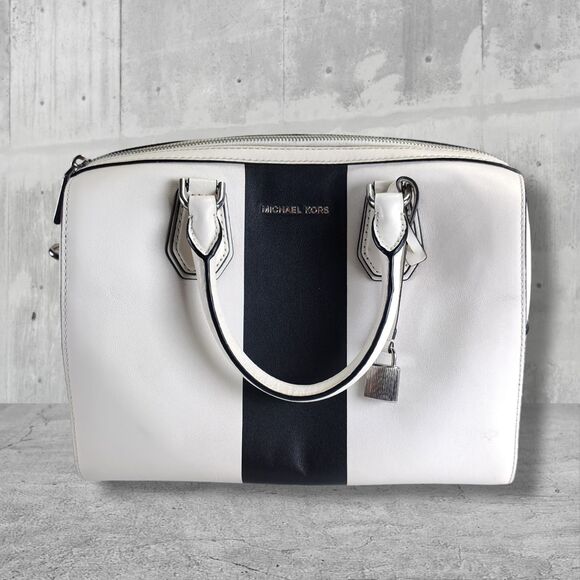 Michael Kors Mercer Medium Duffel Satchel White Center Stripe Leather Bag - Picture 4 of 16